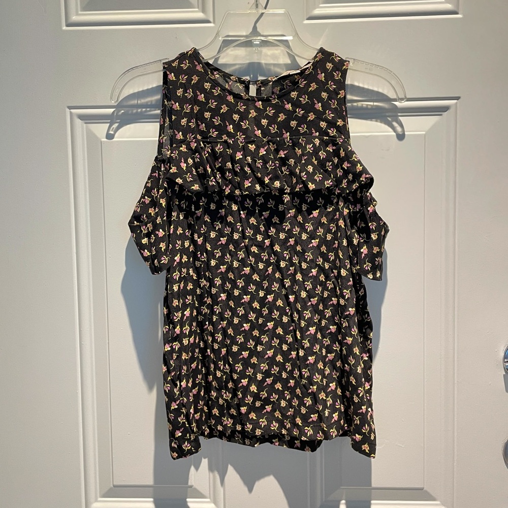 LOFT Petites Cold Shoulder Ruffle Floral Black Purple Green Casual Top Size XS